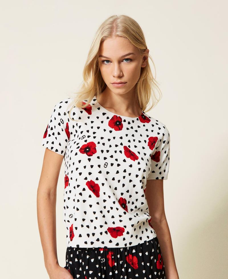 Jumper with heart and poppy print Off White Romantic Poppy Print Woman 222TQ3044-01