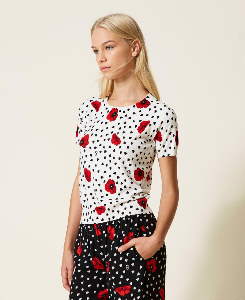 Jumper with heart and poppy print Off White Romantic Poppy Print Woman 222TQ3044-02