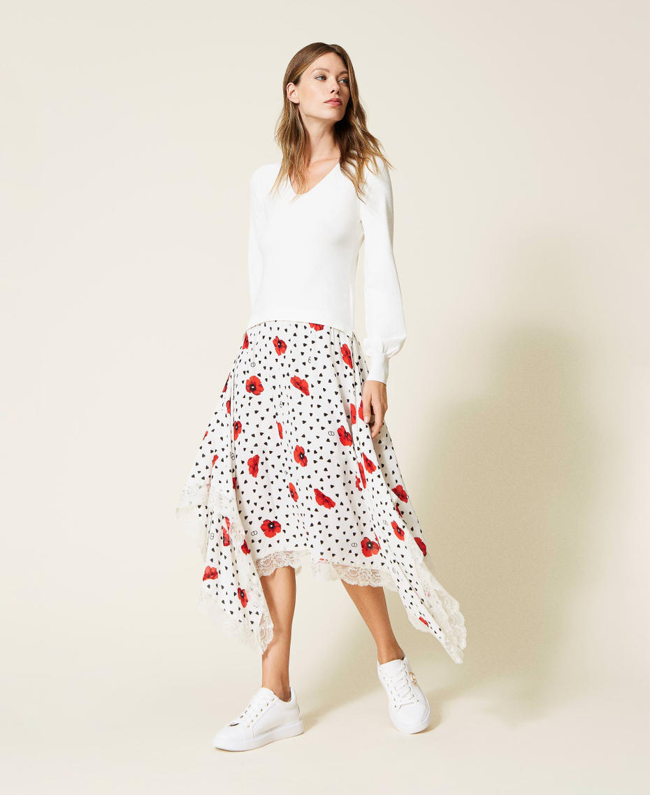 Abito in maglia e georgette a cuori e papaveri