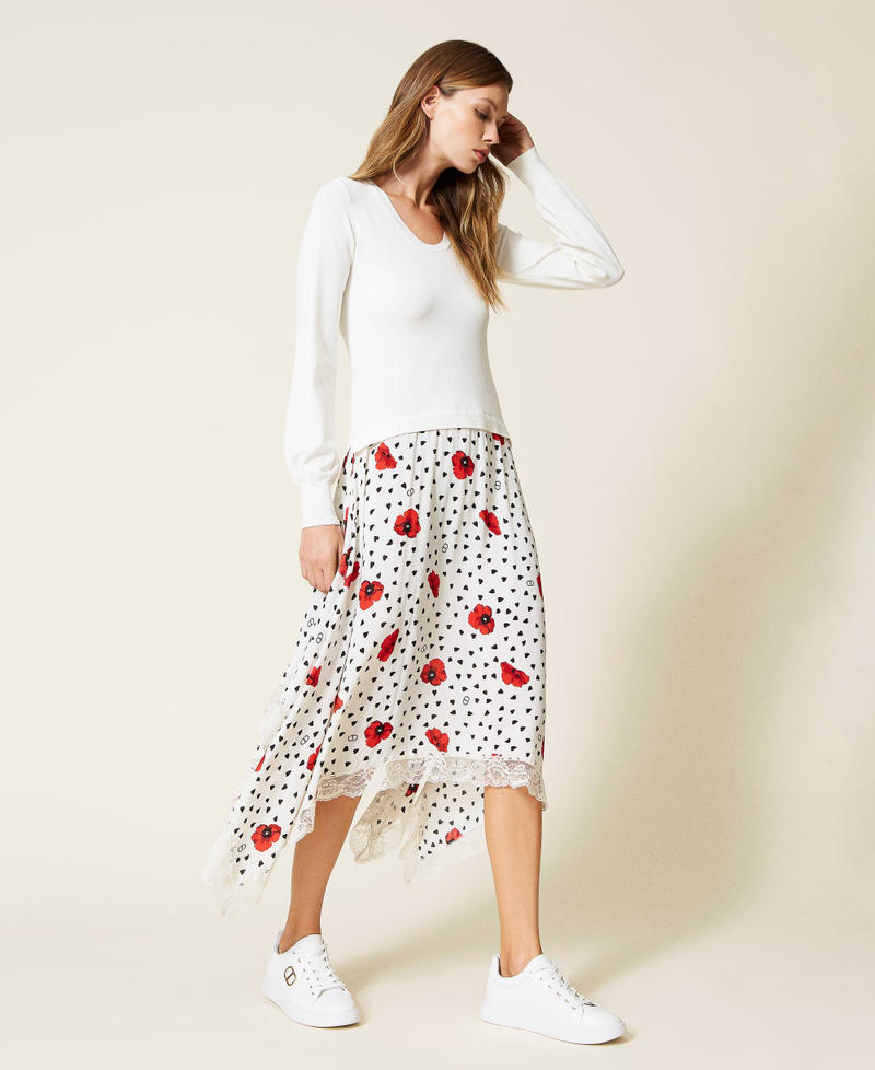 Abito in maglia e georgette a cuori e papaveri