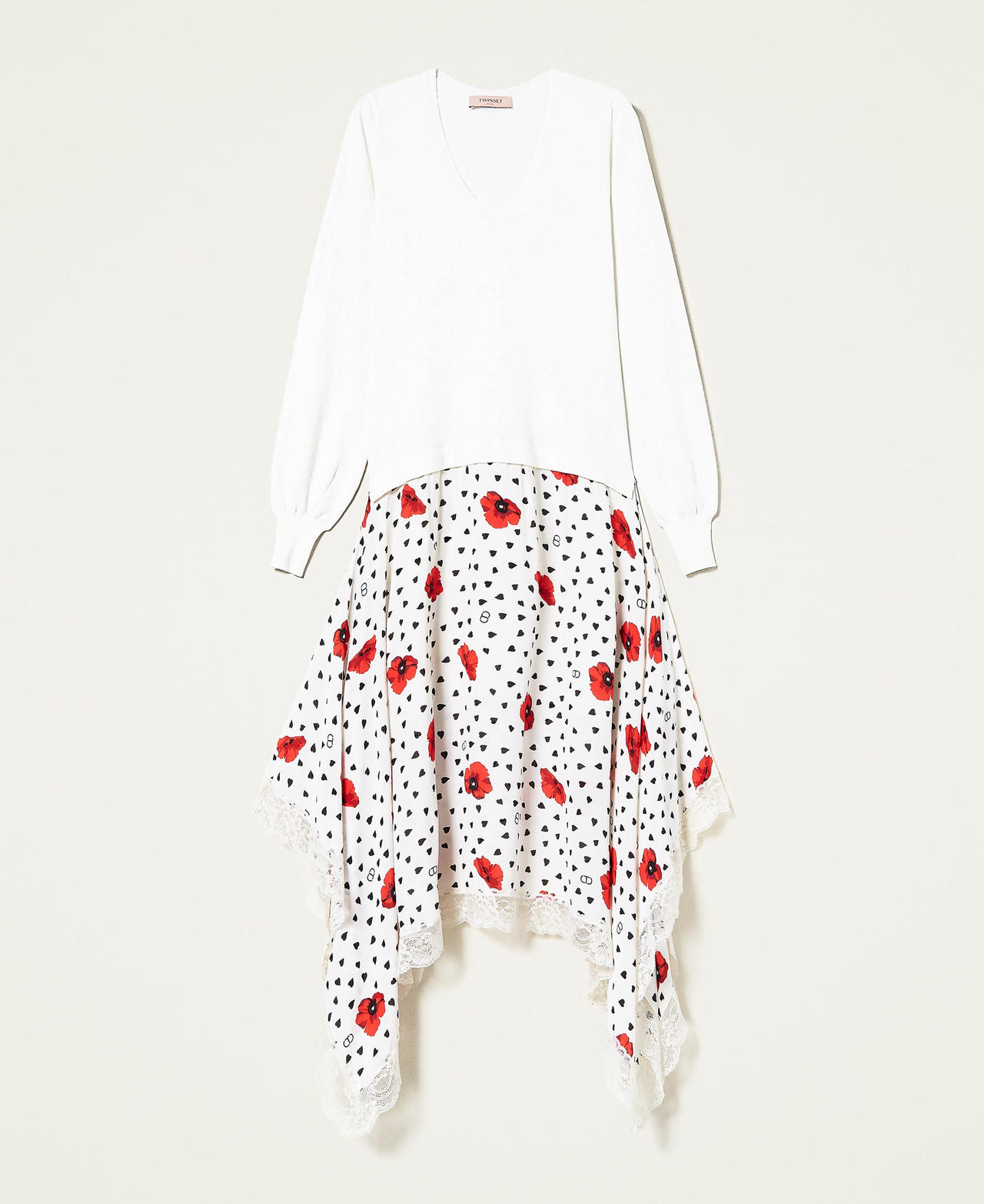 Abito in maglia e georgette a cuori e papaveri