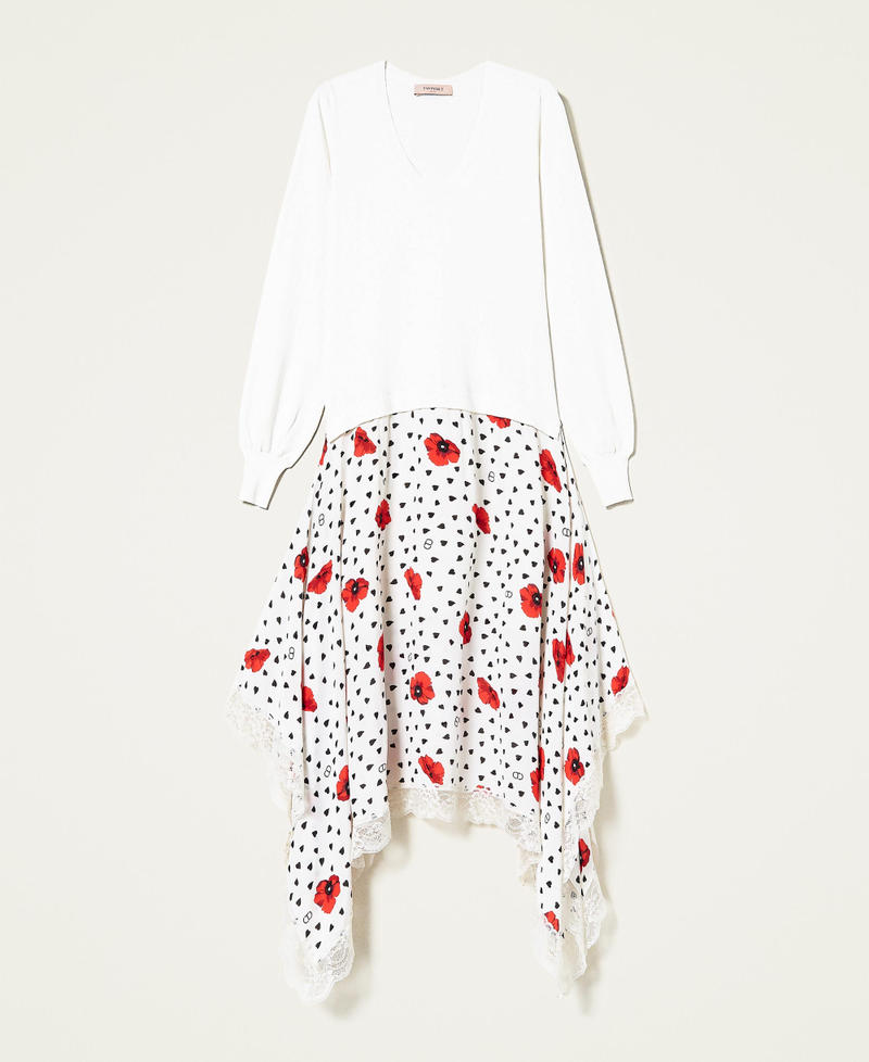 Abito in maglia e georgette a cuori e papaveri