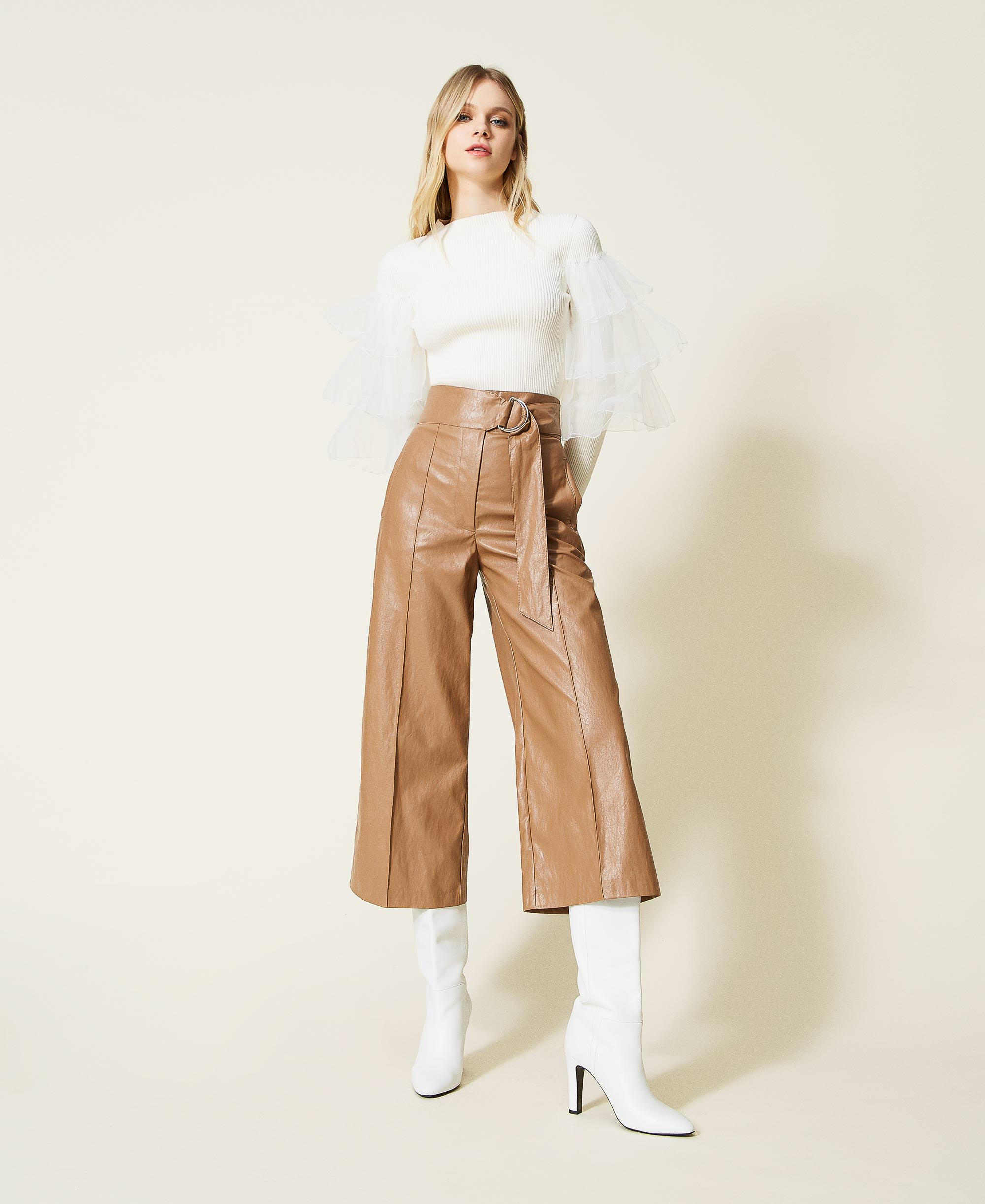 Leather-like wide leg trousers