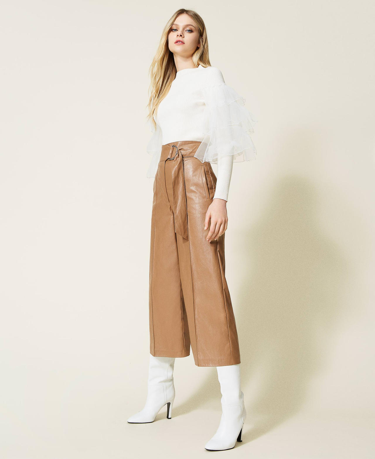 Leather-like wide leg trousers "Light Wood" Beige Woman 222TT2015-02