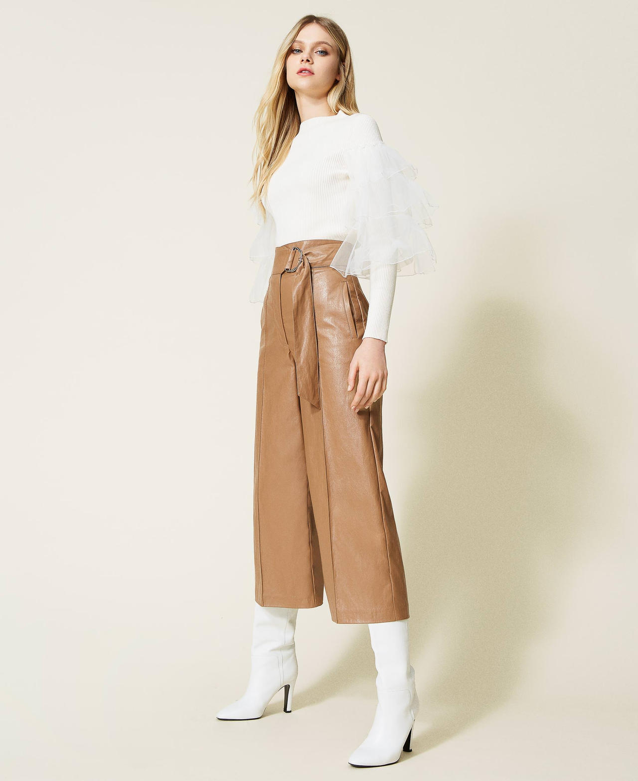 Leather-like wide leg trousers