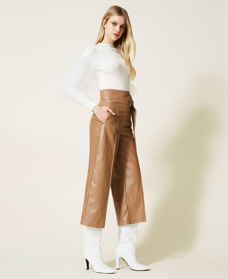 Leather-like wide leg trousers "Light Wood" Beige Woman 222TT2015-04