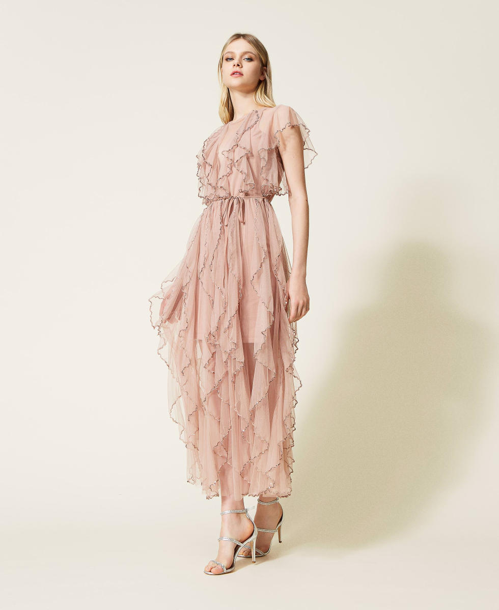 Full-length tulle gown with ruffle Woman, Pink