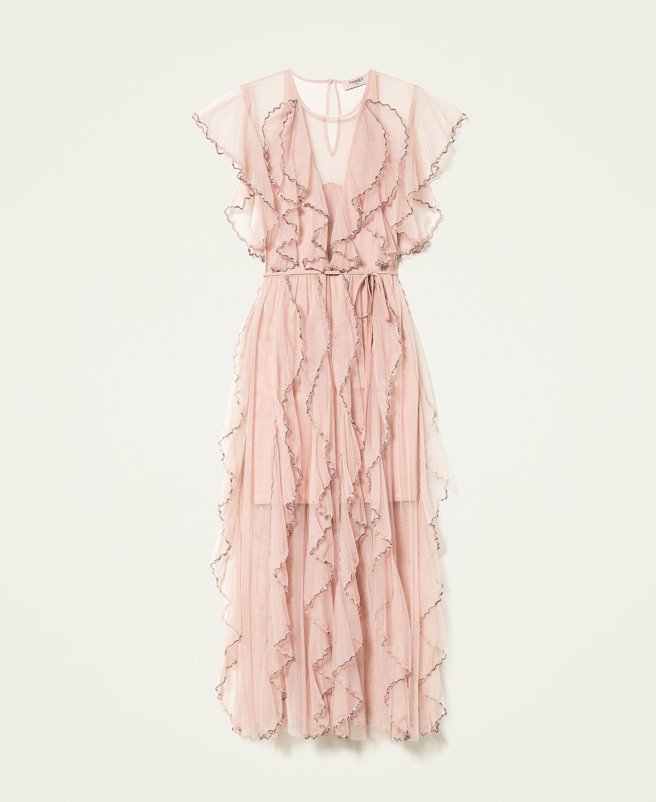 Full-length tulle gown with ruffle Suntan Pink Woman 222TT2020_00539_0S