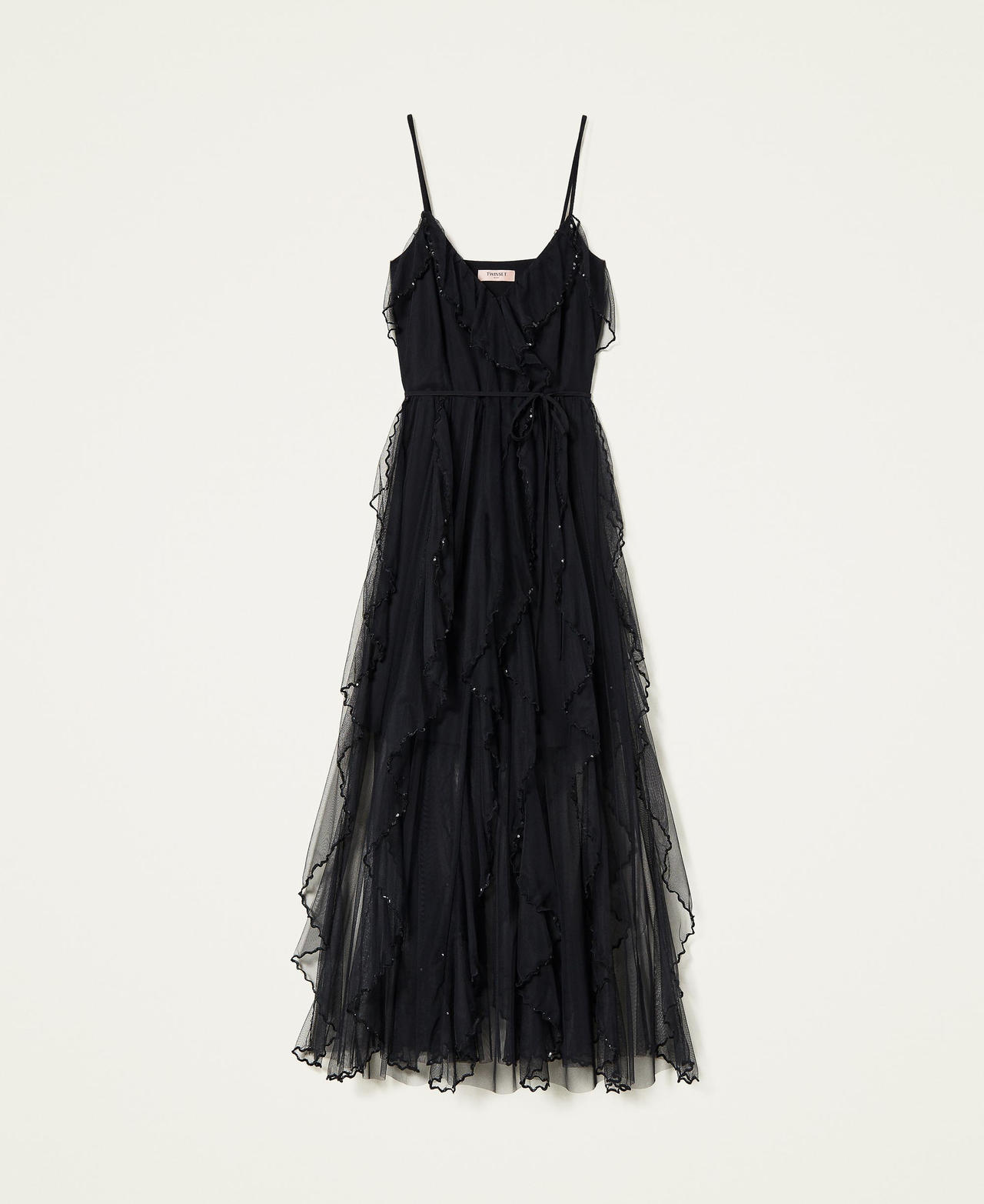 Vestido de tul con tirantes y volantes