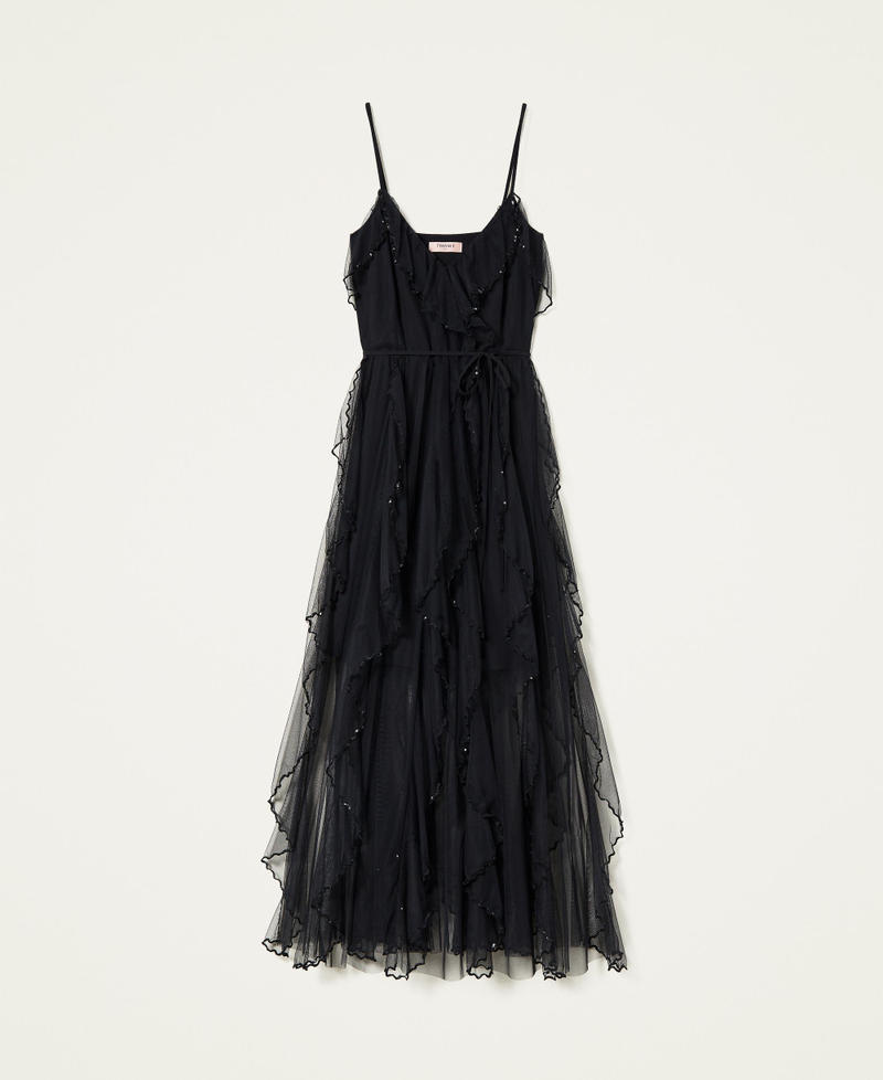 Vestido de tul con tirantes y volantes