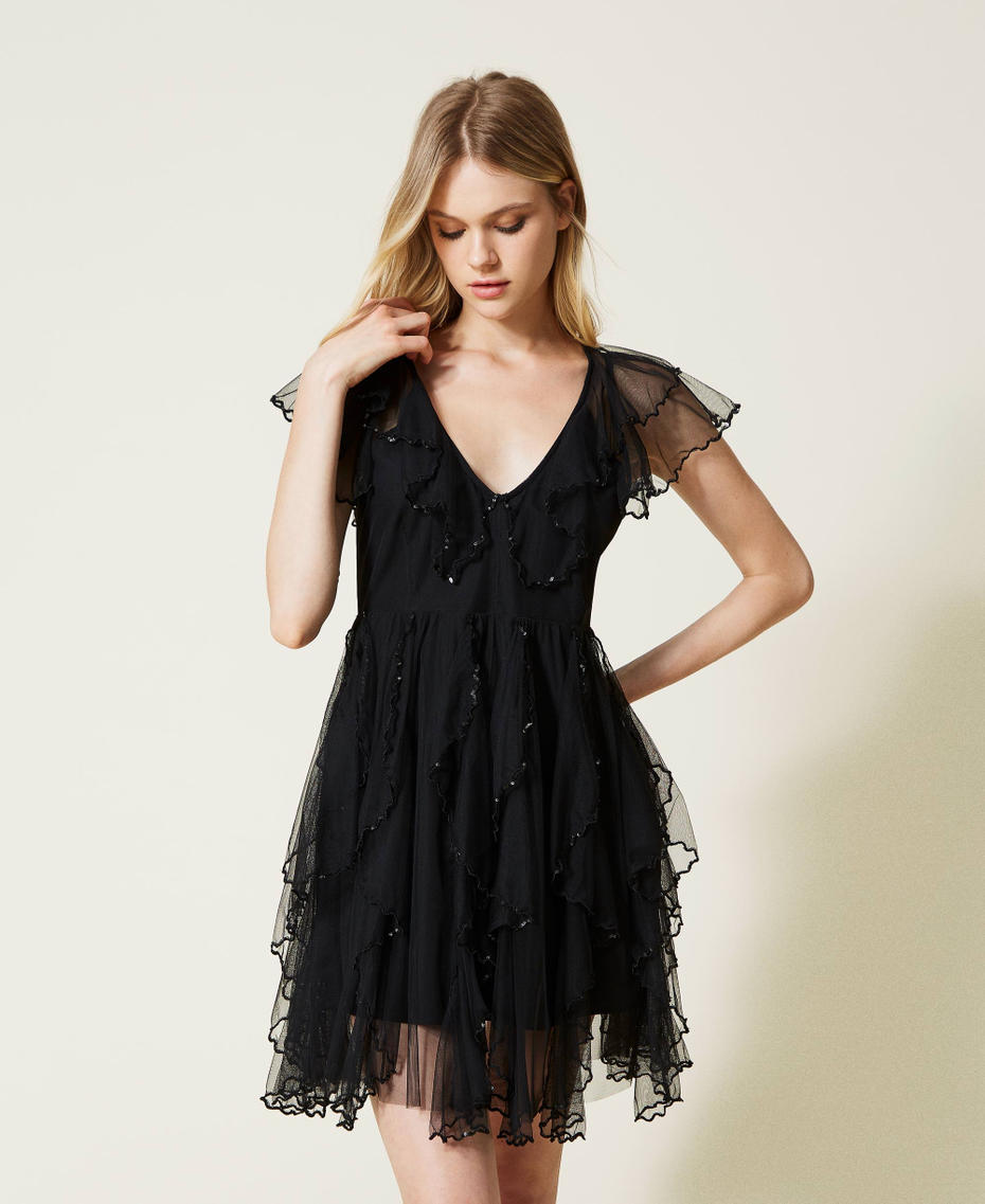 Short tulle dress with ruffles Black Woman 222TT2022-01