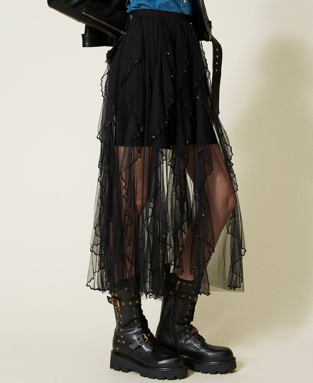 Long tulle skirt with ruffles Woman, Black