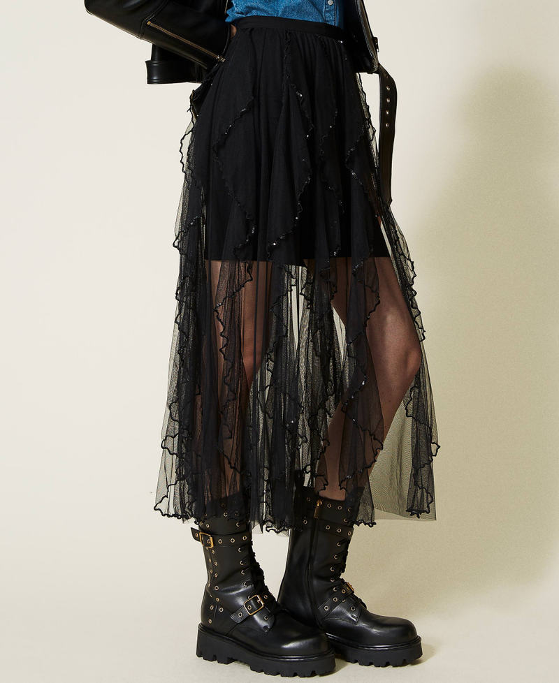Long tulle skirt with ruffles Black Woman 222TT2025-02