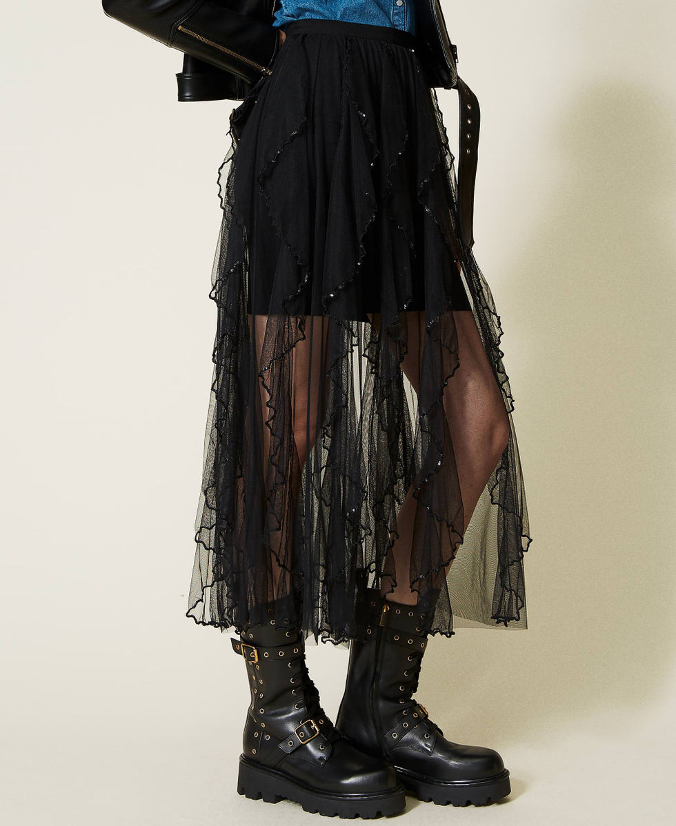 Jupe longue en tulle avec volants Femme Noir TWINSET Milano