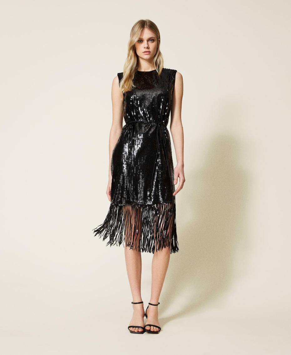 Платье миди, полностью расшитое пайетками Черный женщина 222TT205D-01