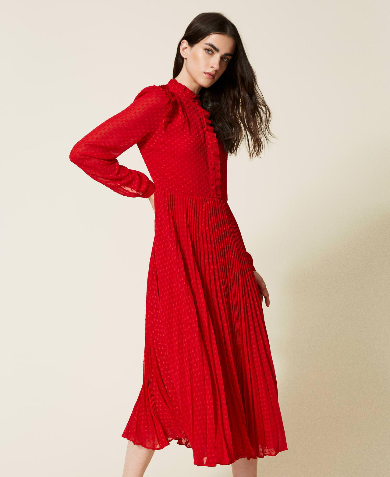 Robe longue en fil coupé à pois Rouge Coquelicot Femme 222TT2080-02