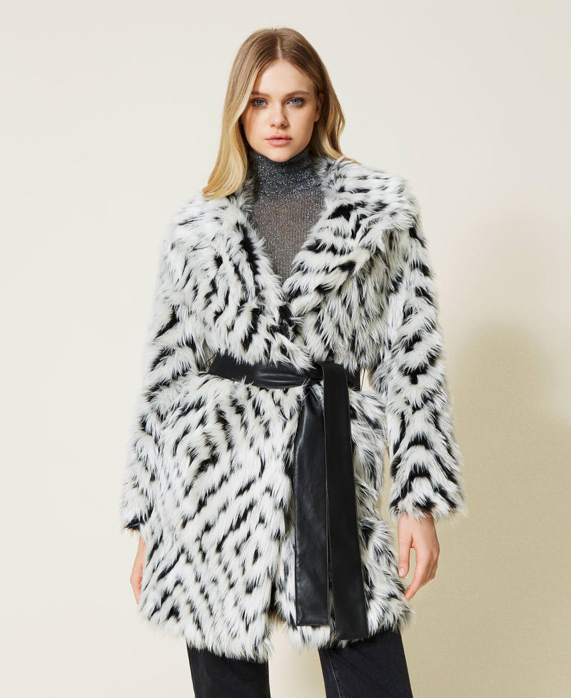 Faux fur coat with chevron pattern