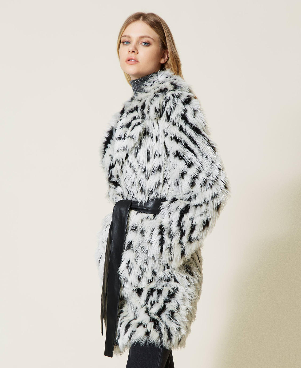 Faux fur coat with chevron pattern Woman White TWINSET Milano