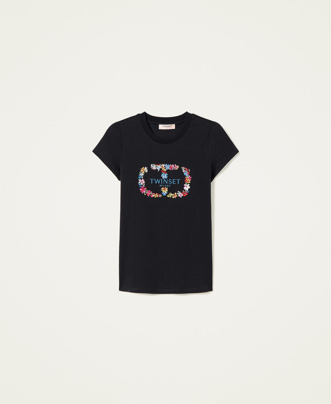 Camiseta con logotipo y bordado floral Negro Mujer 222TT2151-0S