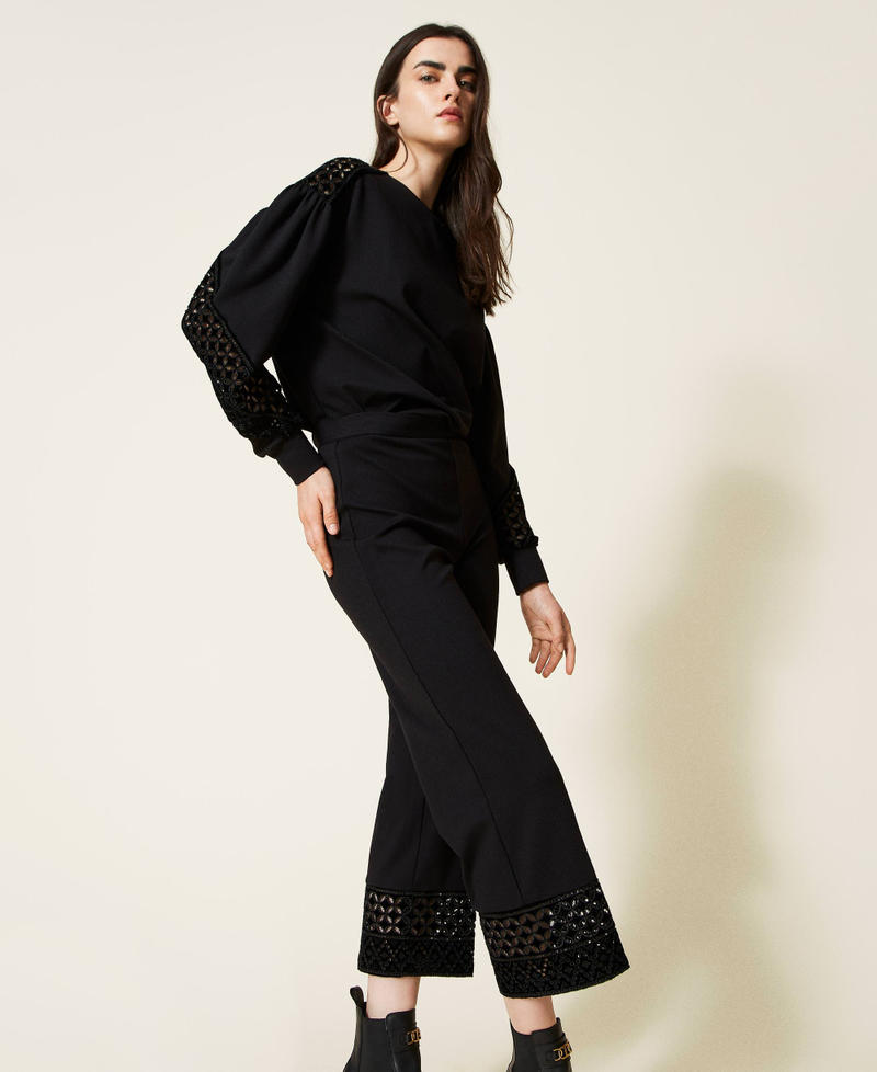 Cropped trousers with velvet embroidery Black Woman 222TT2182-03