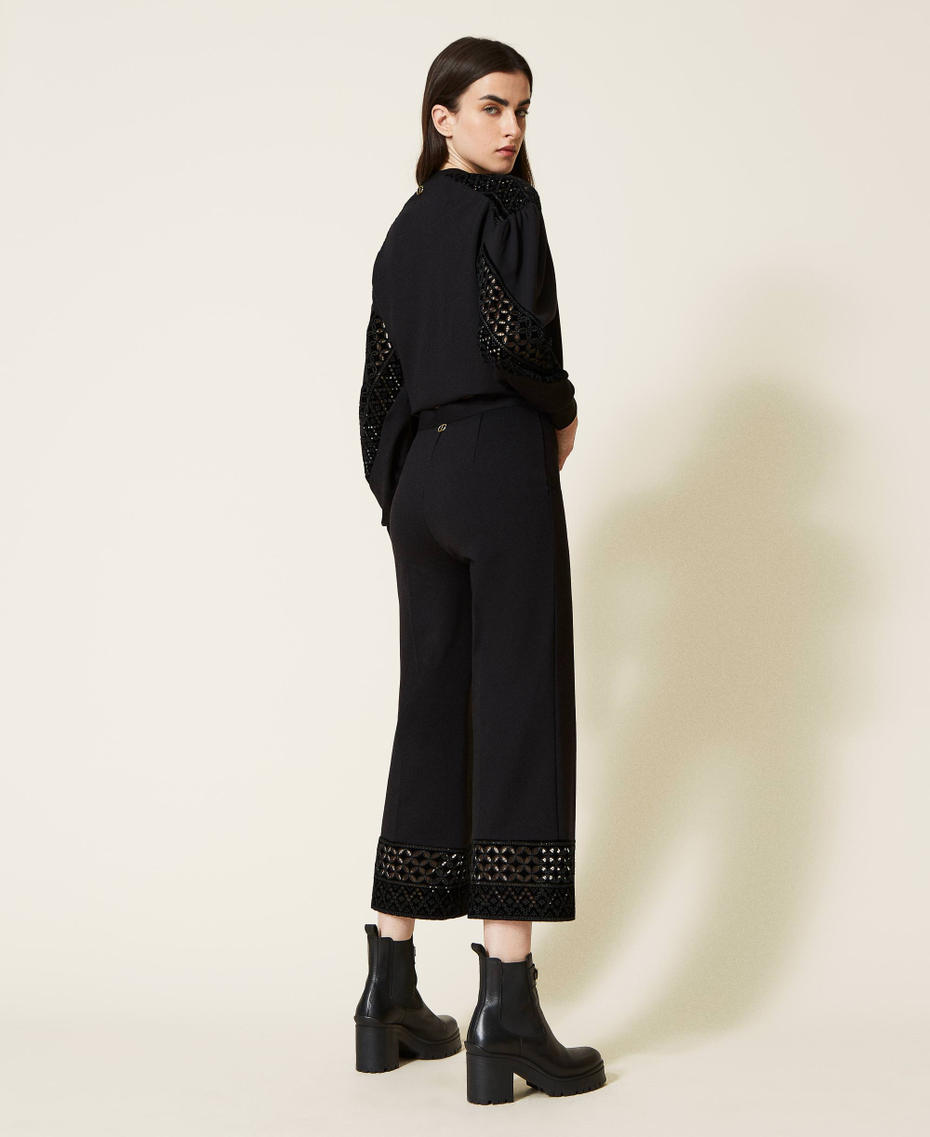 Cropped trousers with velvet embroidery Black Woman 222TT2182-04