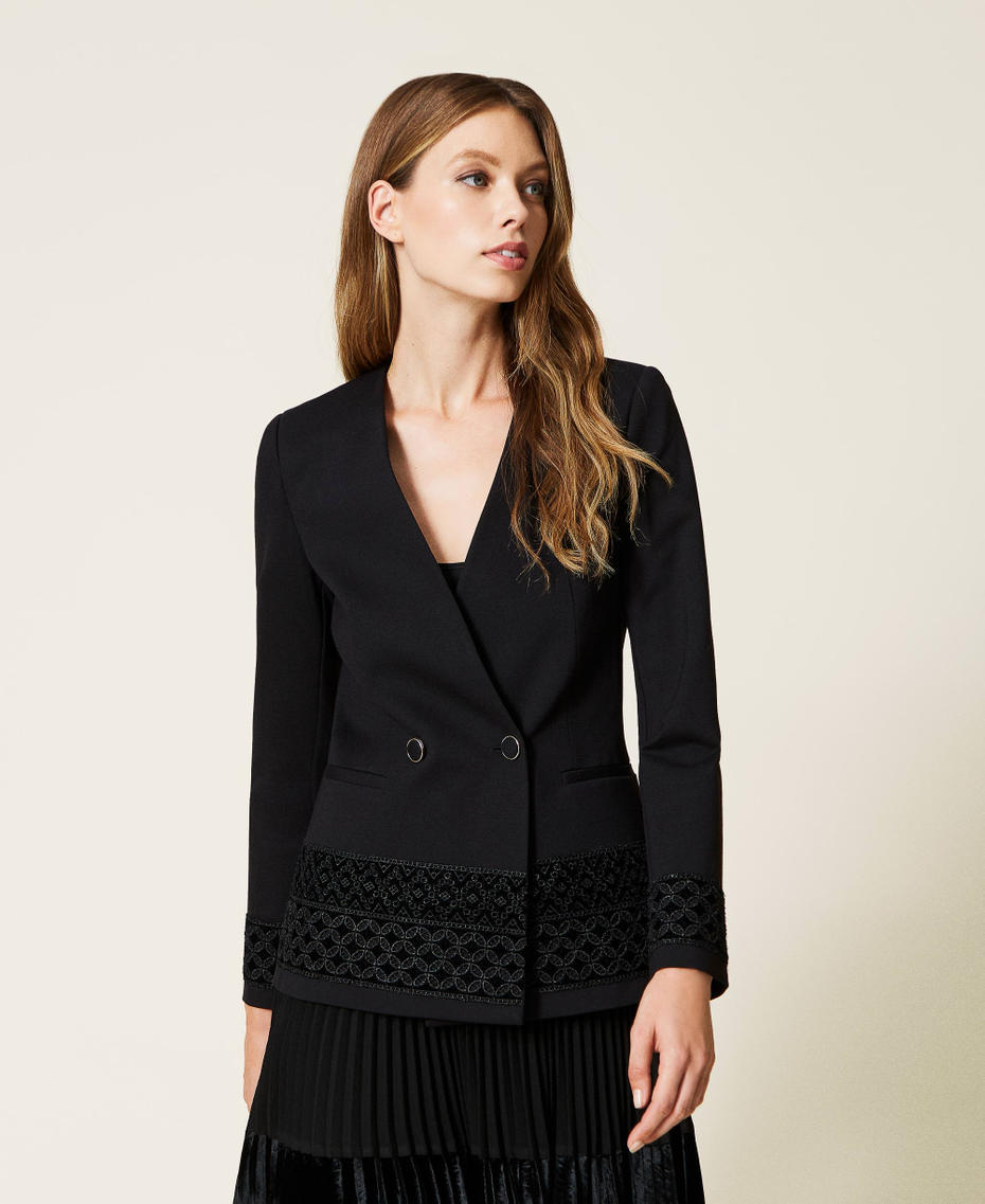 Double-breasted jacket with velvet embroidery Black Woman 222TT2183-01