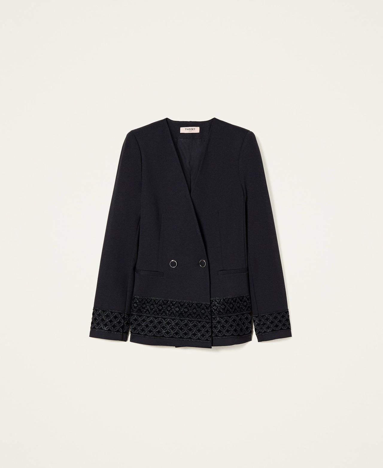 Double-breasted jacket with velvet embroidery Black Woman 222TT2183-0S