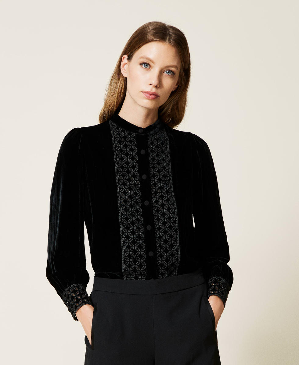 Camisa de terciopelo bordado Mujer Negro TWINSET Milano