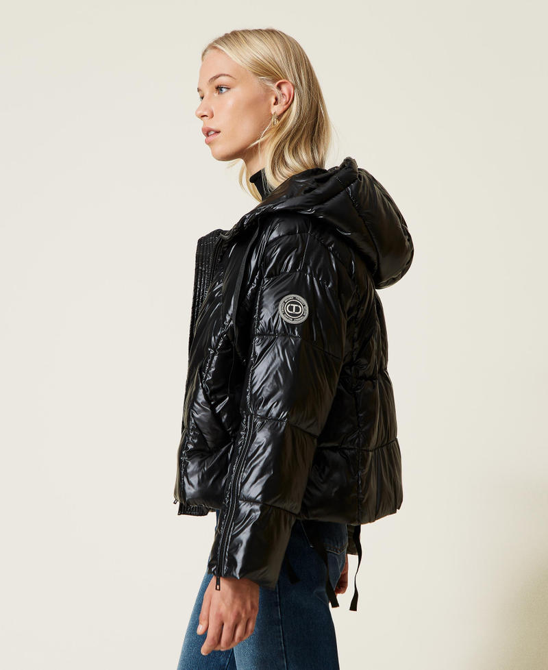 Short shiny puffer jacket with hood