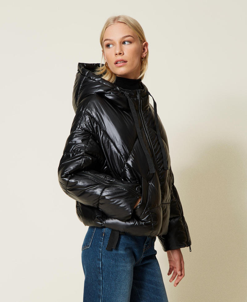 Short shiny puffer jacket with hood Black Woman 222TT2221-04