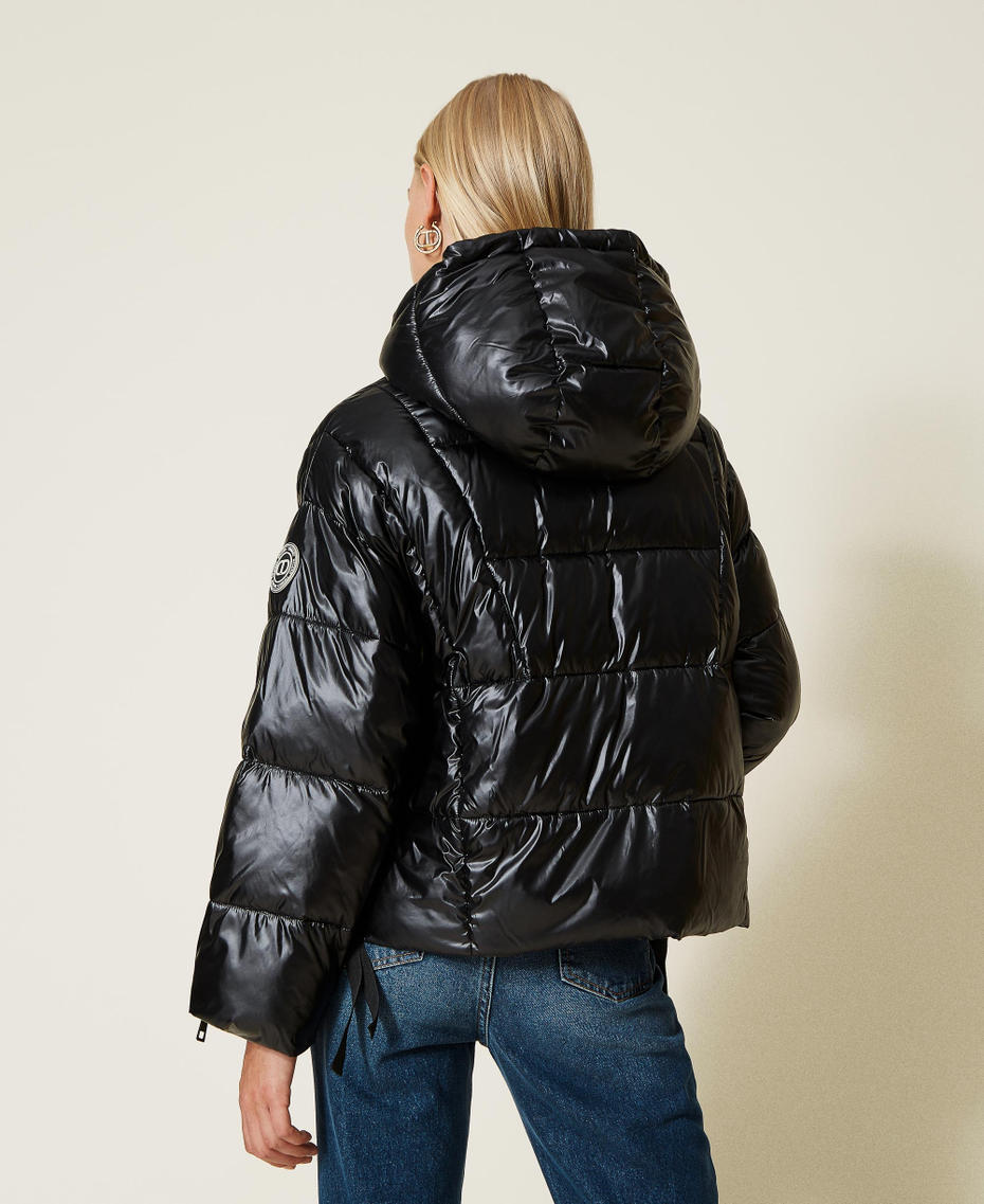 Short shiny puffer jacket with hood Black Woman 222TT2221-05