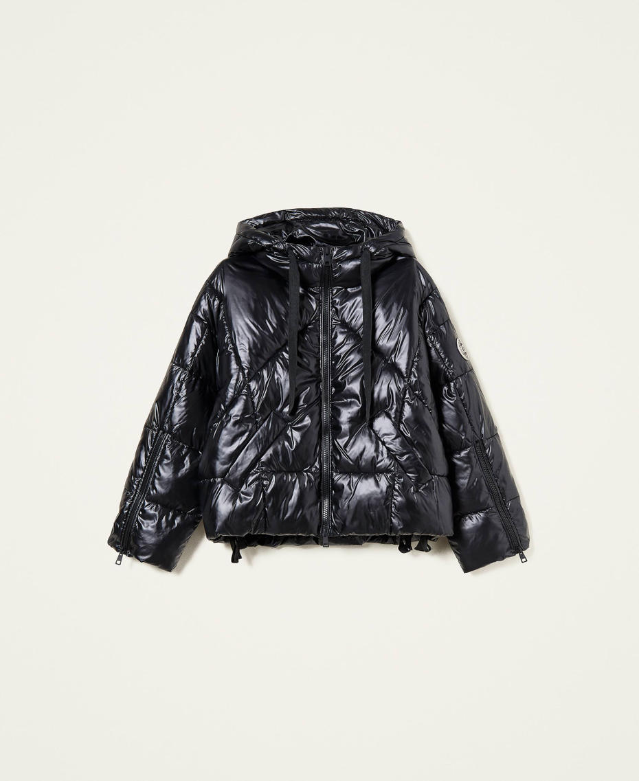 Short shiny puffer jacket with hood Black Woman 222TT2221-0S