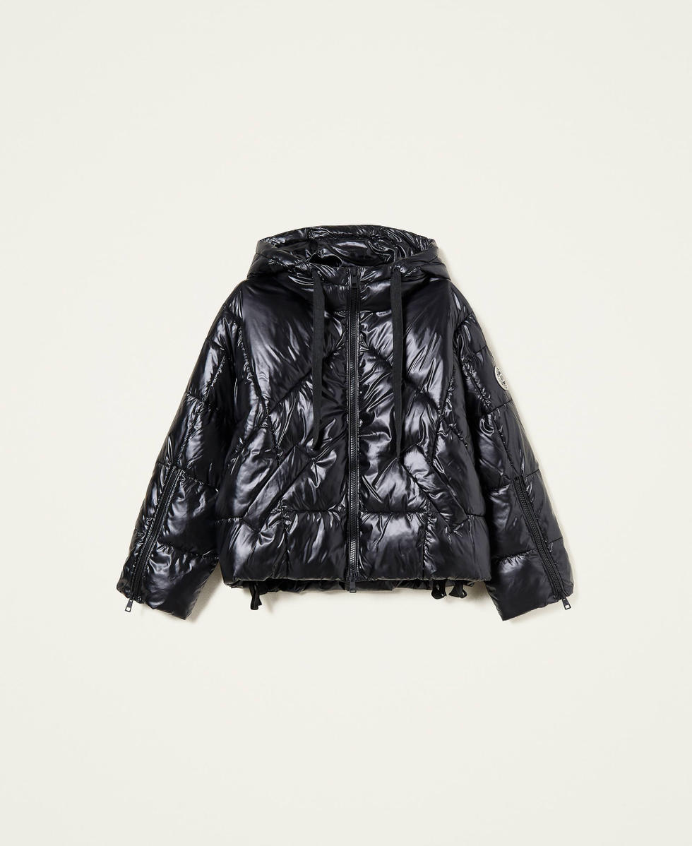 Short shiny puffer jacket with hood Woman Black TWINSET Milano