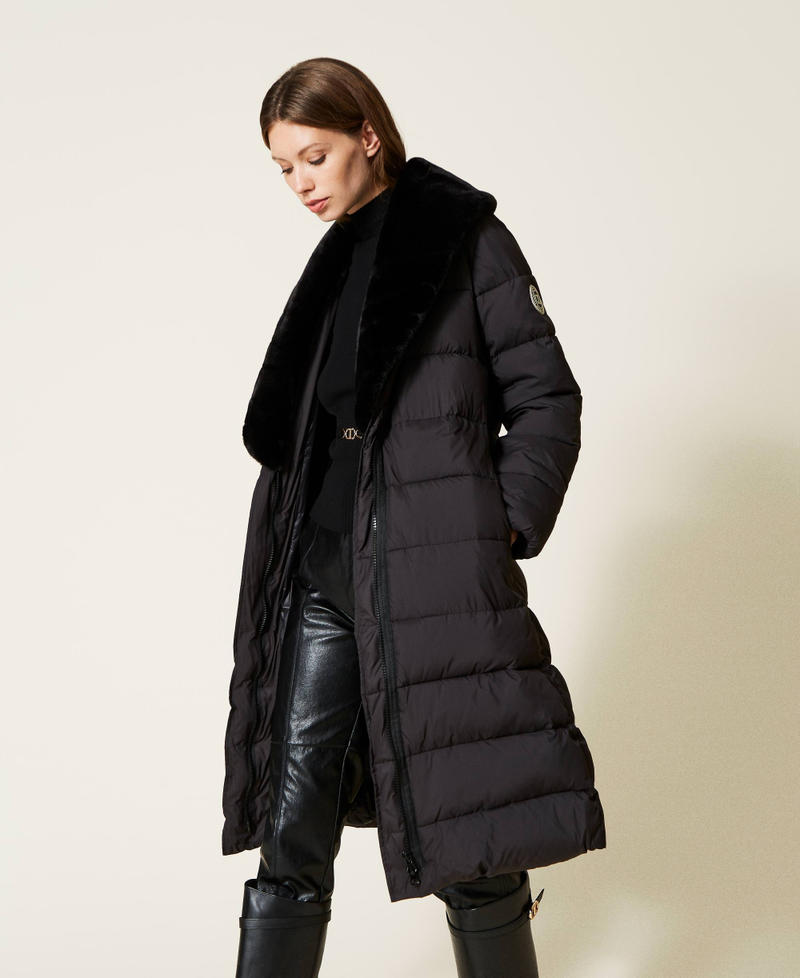 Long matte puffer jacket with faux fur Black Woman 222TT2230-01