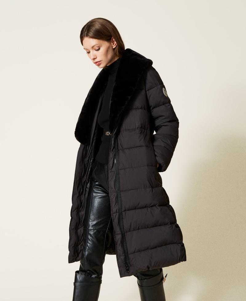 Long matte puffer jacket with faux fur Woman Black TWINSET Milano
