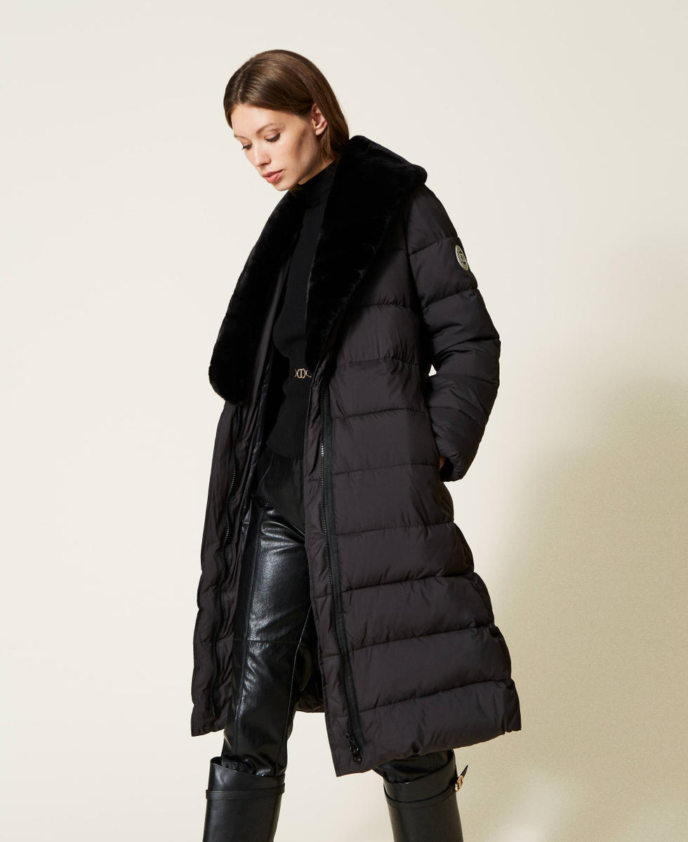 Long matte puffer jacket with faux fur Woman Black TWINSET Milano