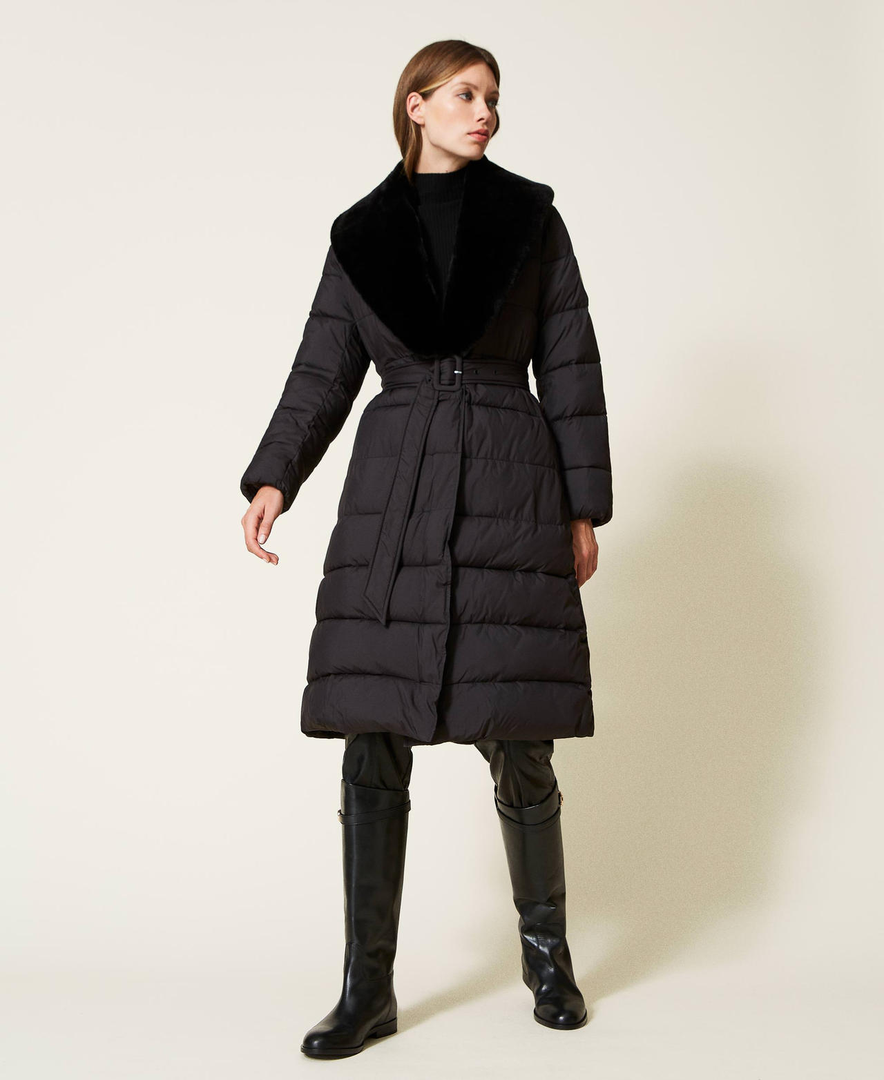 Long matte puffer jacket with faux fur Black Woman 222TT2230-02