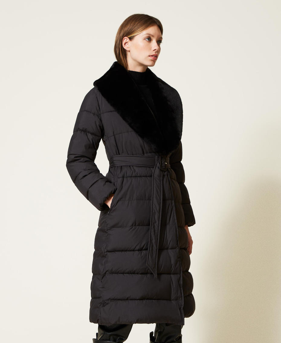 Long matte puffer jacket with faux fur Black Woman 222TT2230-03