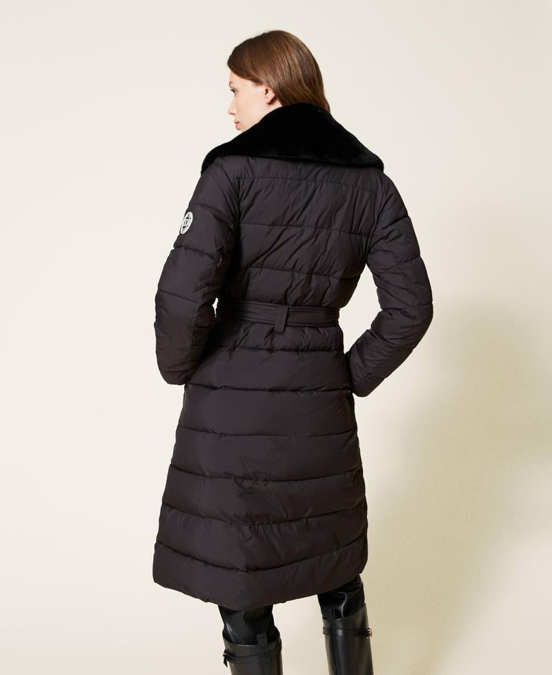 Long matte puffer jacket with faux fur Black Woman 222TT2230-04