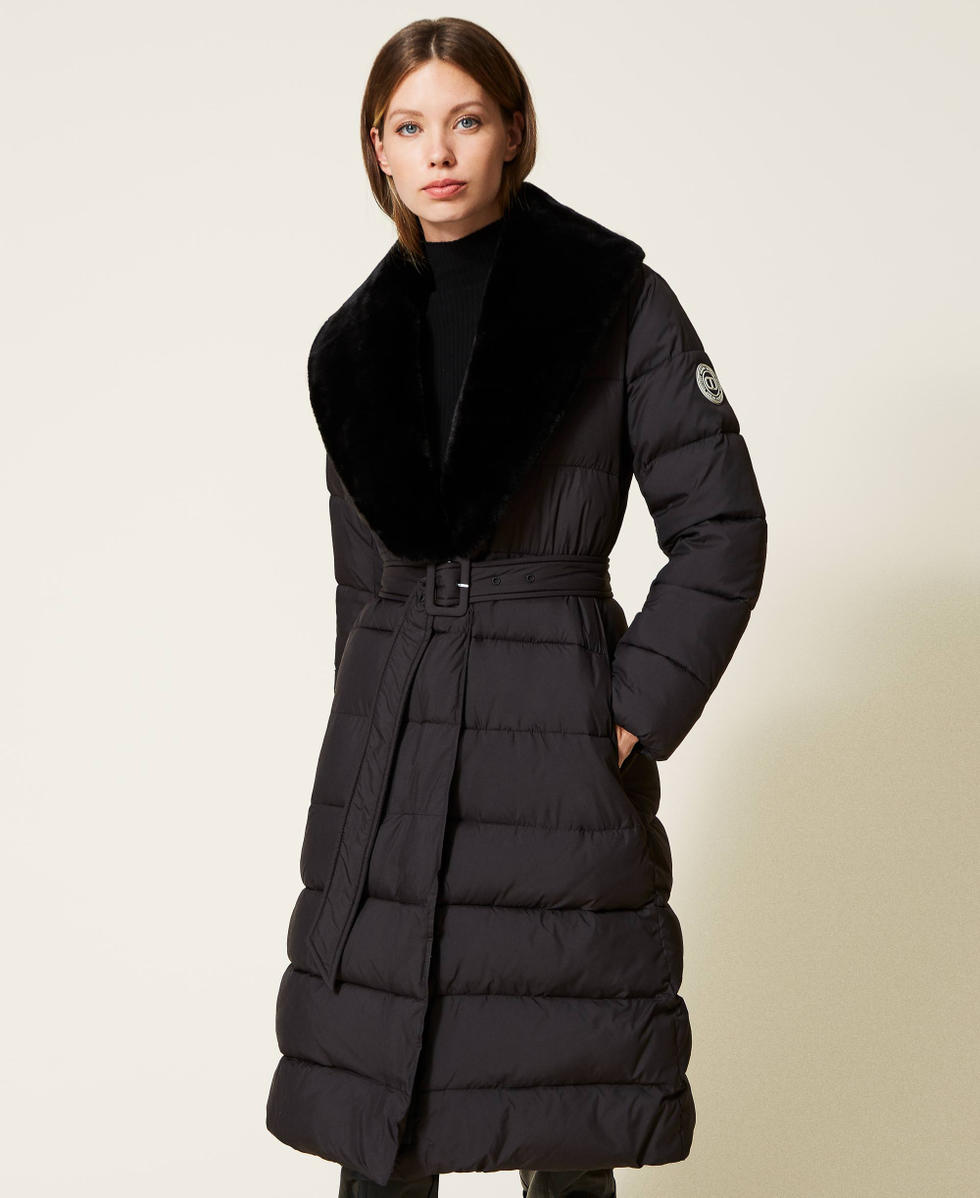 Long matte puffer jacket with faux fur Woman Black TWINSET Milano