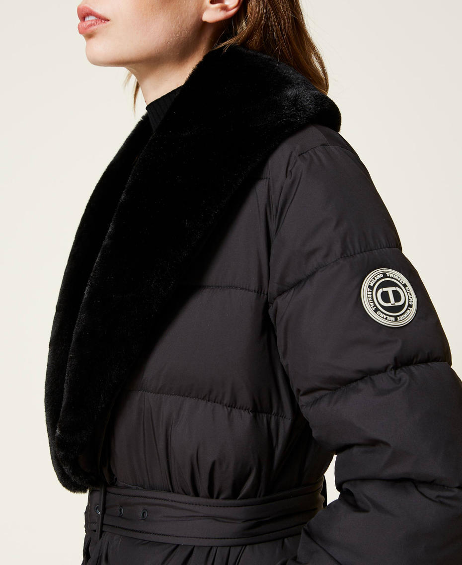 Long matte puffer jacket with faux fur Black Woman 222TT2230-06