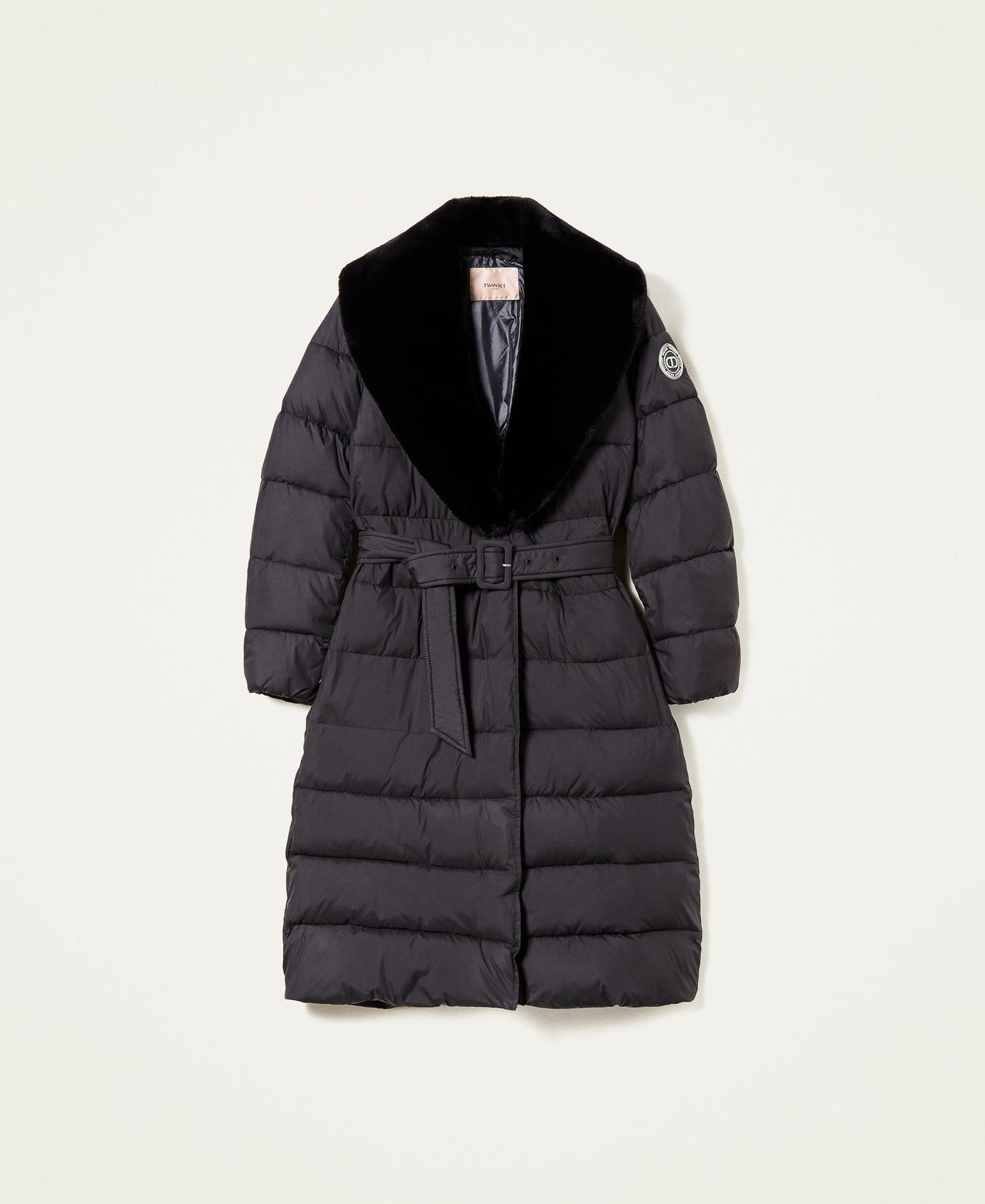 Long matte puffer jacket with faux fur Black Woman 222TT2230-0S