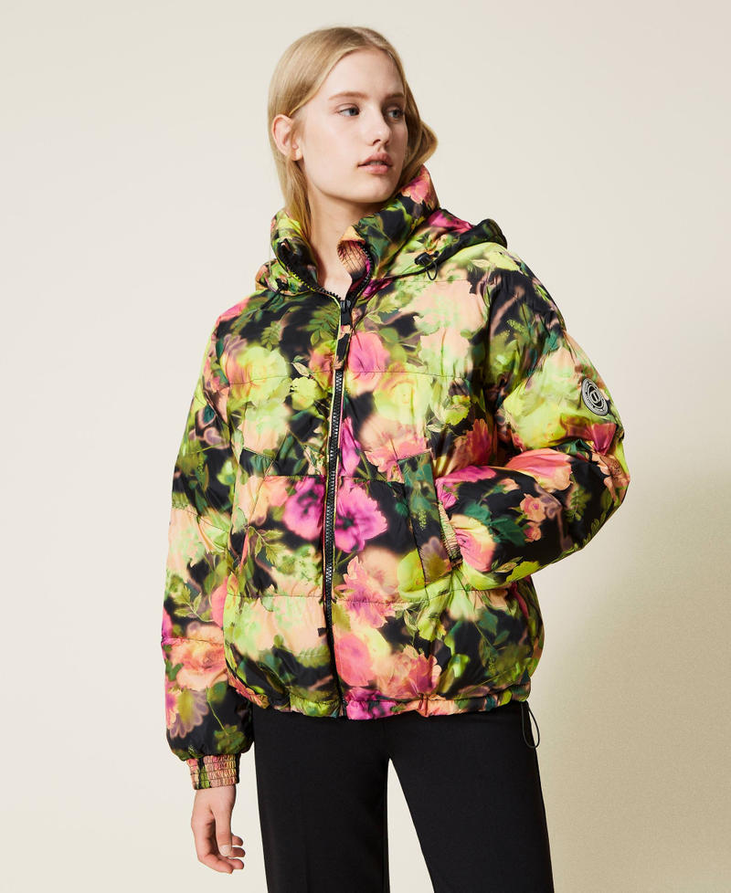 Short puffer jacket with floral print Neon Crazy Flowers Print Woman 222TT2250-02