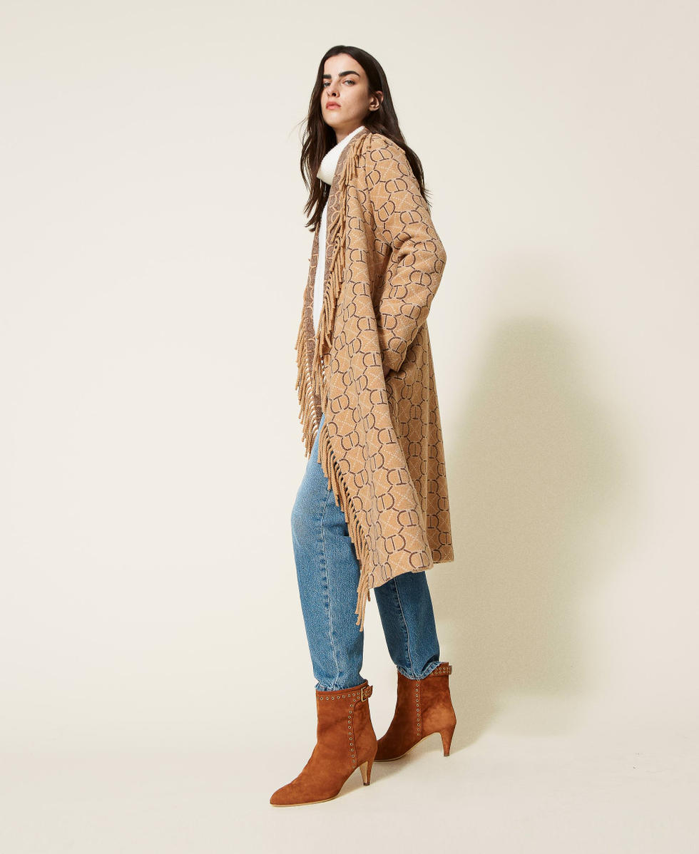 Jacquard coat with logo and fringes Woman Beige TWINSET Milano