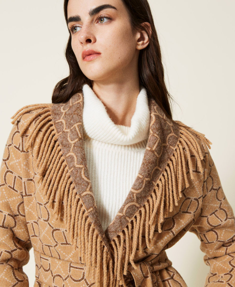 Jacquard coat with logo and fringes