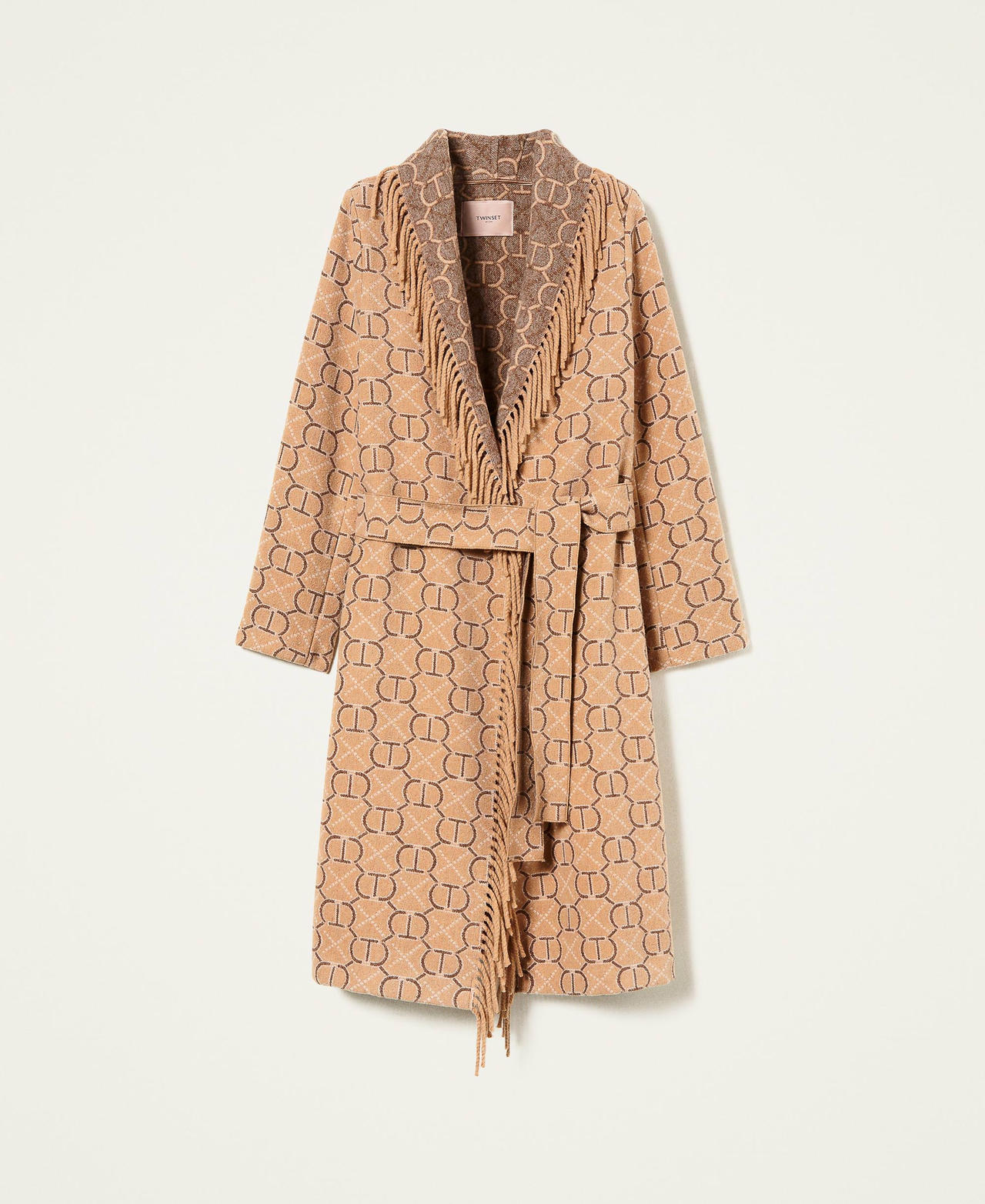 Jacquard coat with logo and fringes