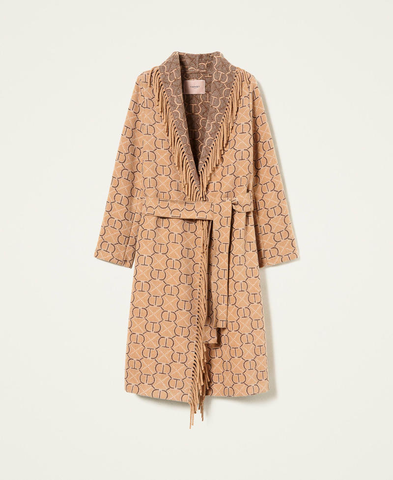 Jacquard coat with logo and fringes