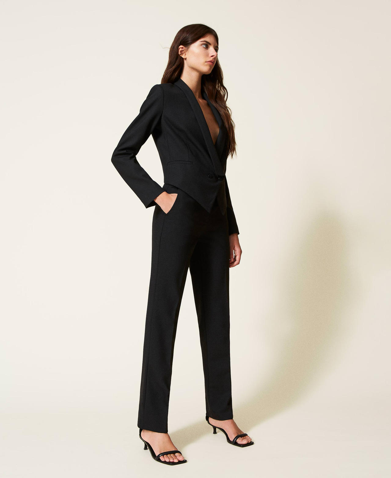 Wool blend twill trousers with clasps Black Woman 222TT2303-02