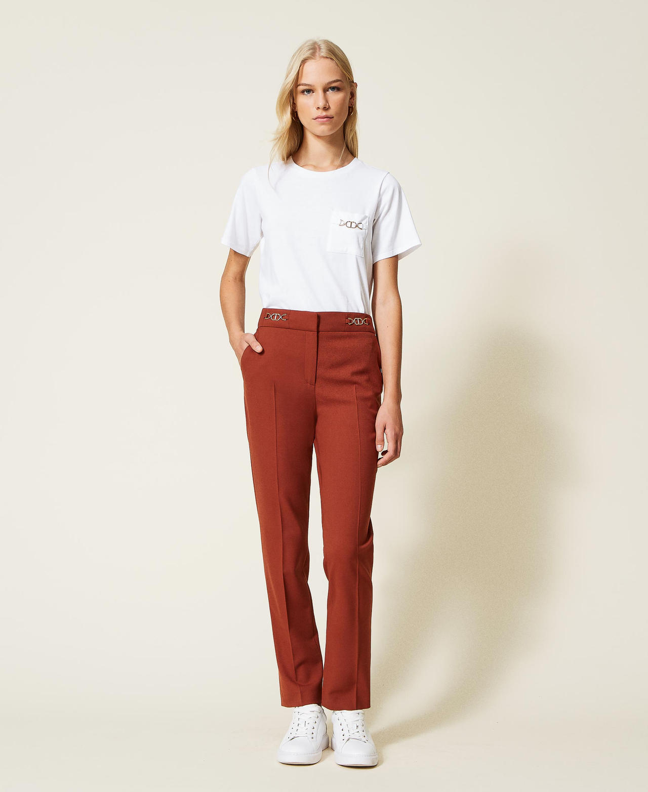 Wool blend twill trousers with clasps Black Woman 222TT2303-03
