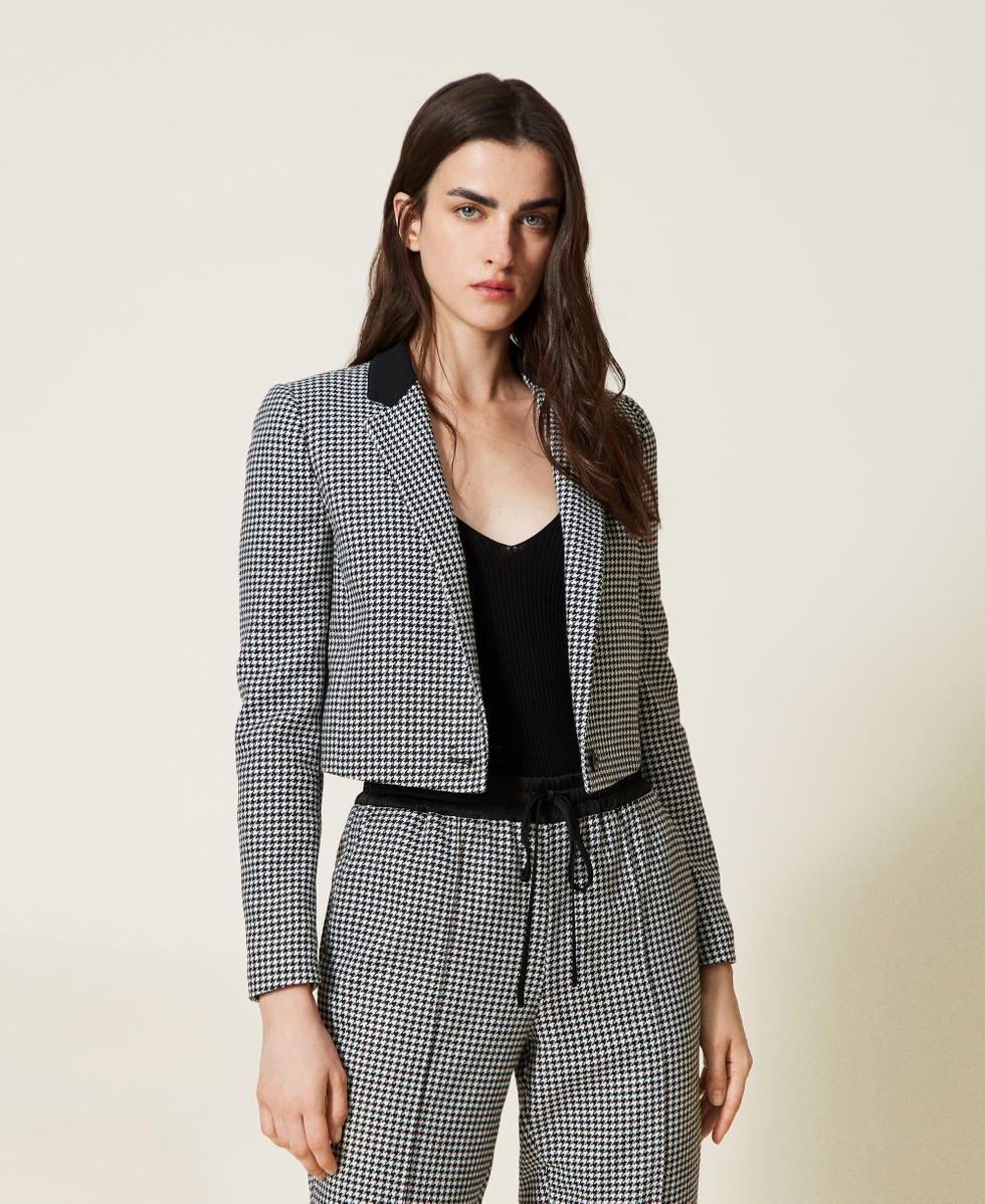 Houndstooth wool blend jacket with ruffles Woman Grey TWINSET